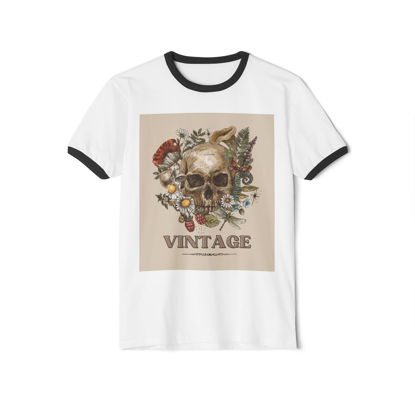 Vintage-Inspired Skull Ringer T-Shirt, Unisex Tee, Boho Style Shirt, Retro Graphic Top, Unique Gift for Halloween, Nature Lovers Apparel