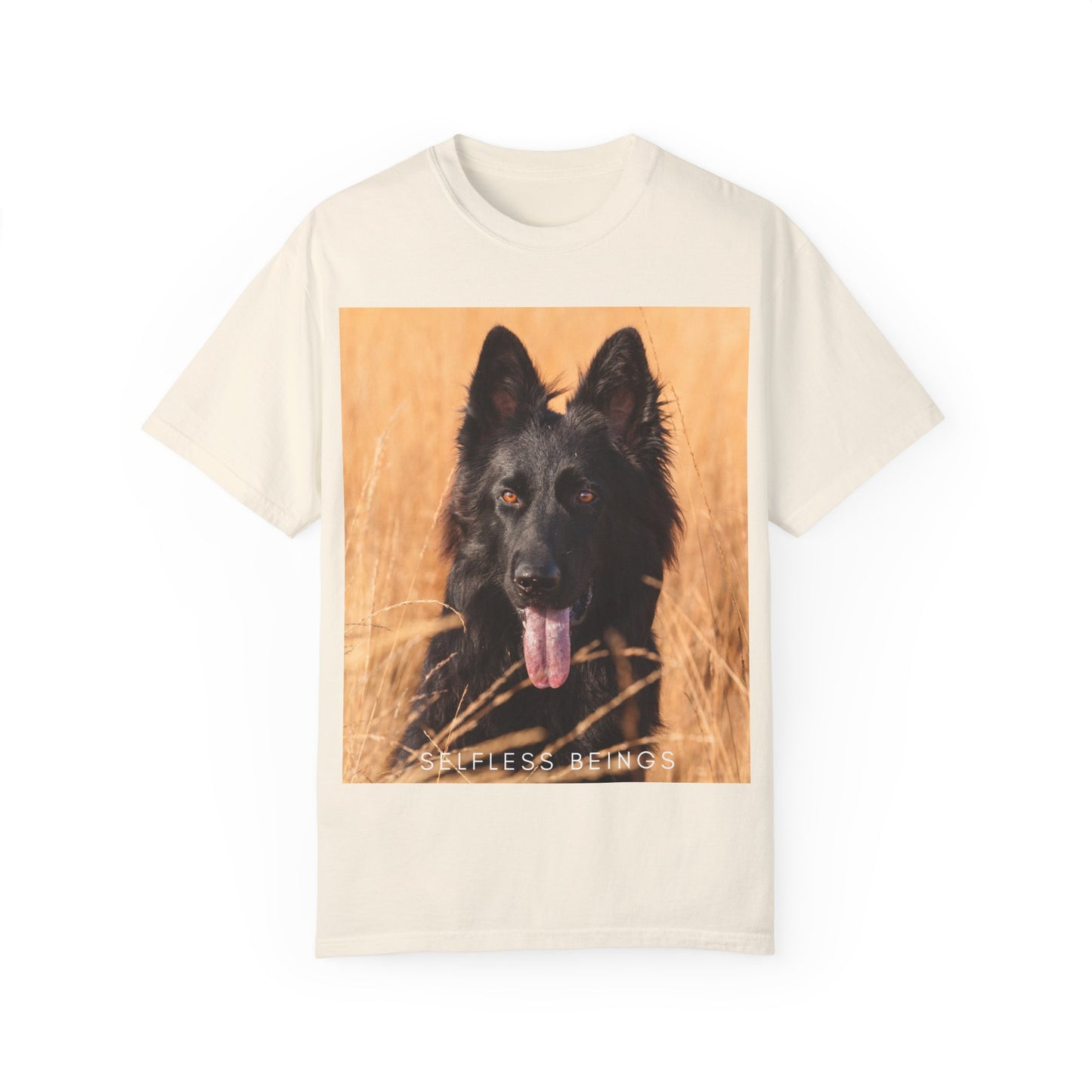 Unisex Dog Lover T-Shirt With Solid Black German Shepherd in the Middle of Long Dry Grass Leaving Tongue and Caption Selfless Beings