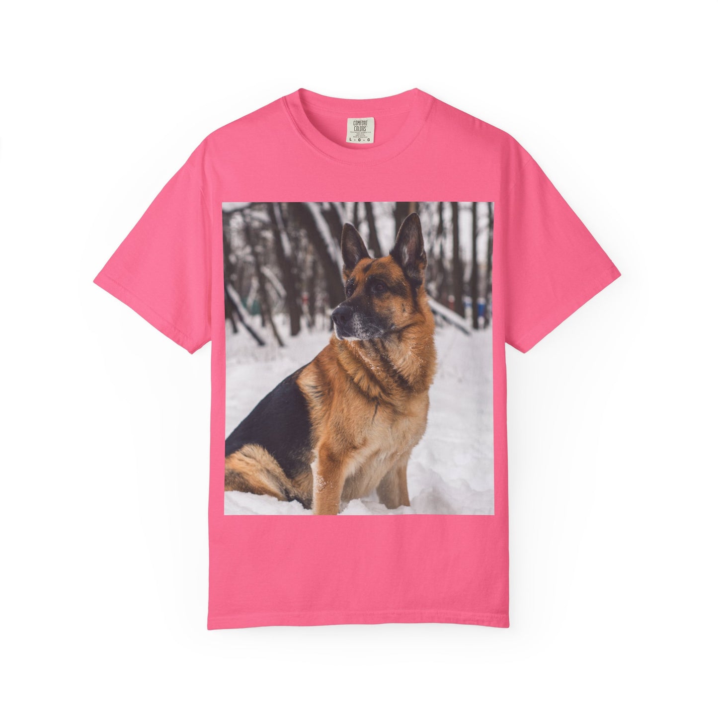 Unisex Dog Lovers T-Shirt Featuring a Beautiful German Shepherd Sloppily Sitting on the Snow