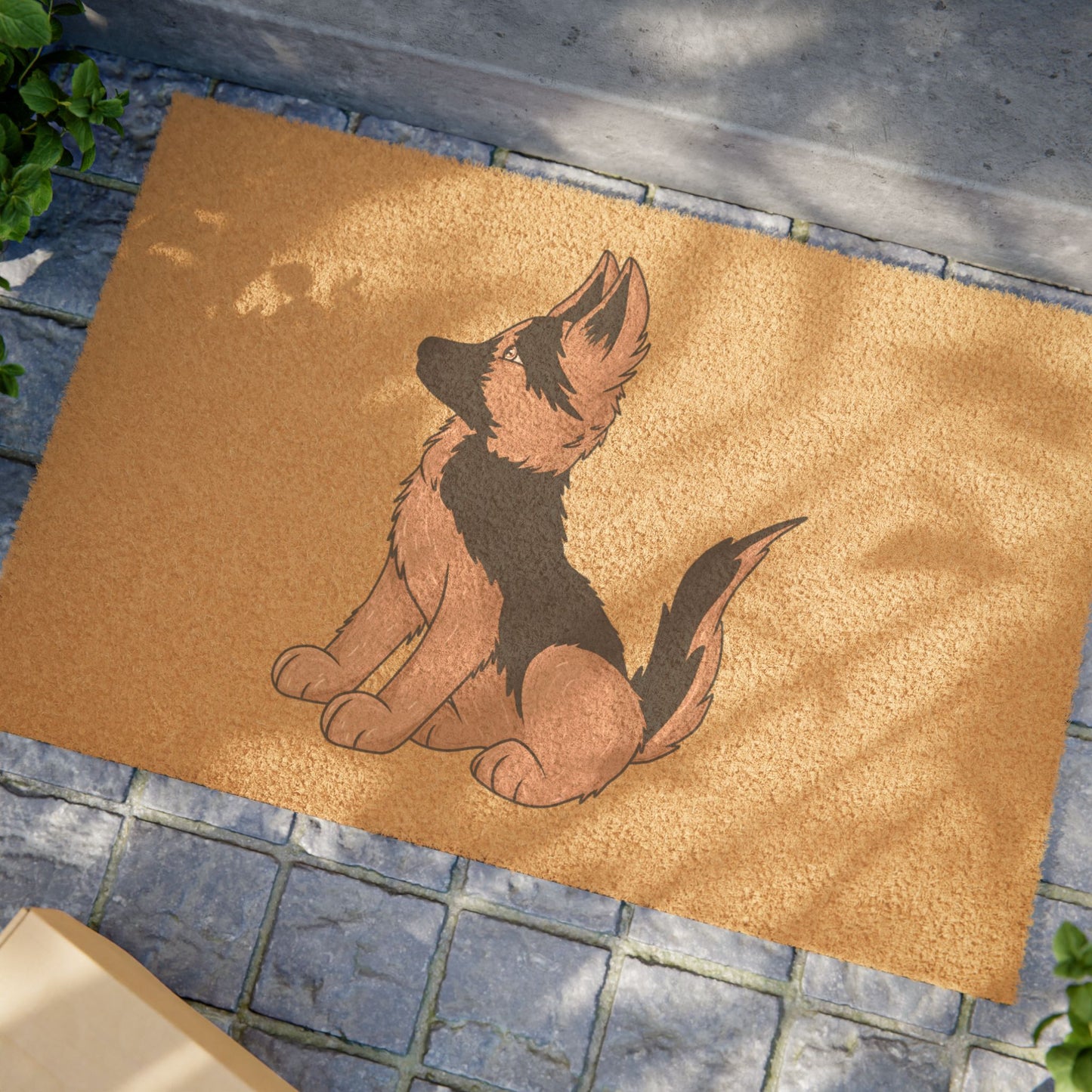 Cute Pet Welcome Mat for Dog Lovers Featuring a Graphic of Cute German Shepherd Puppy Sloppily Sitting