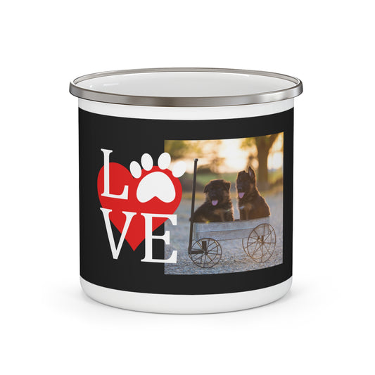 Enamel Dog Lover Camping Mug With Two Cute German Shepherd Puppies Sitting on a Cart and Caption Love