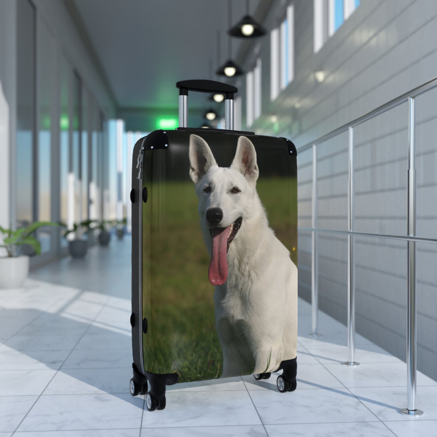 Dog Lover Suitcase Featuring a Giant White German Shepherd Sloppily Sitting on Grass Leaving Tongue Out