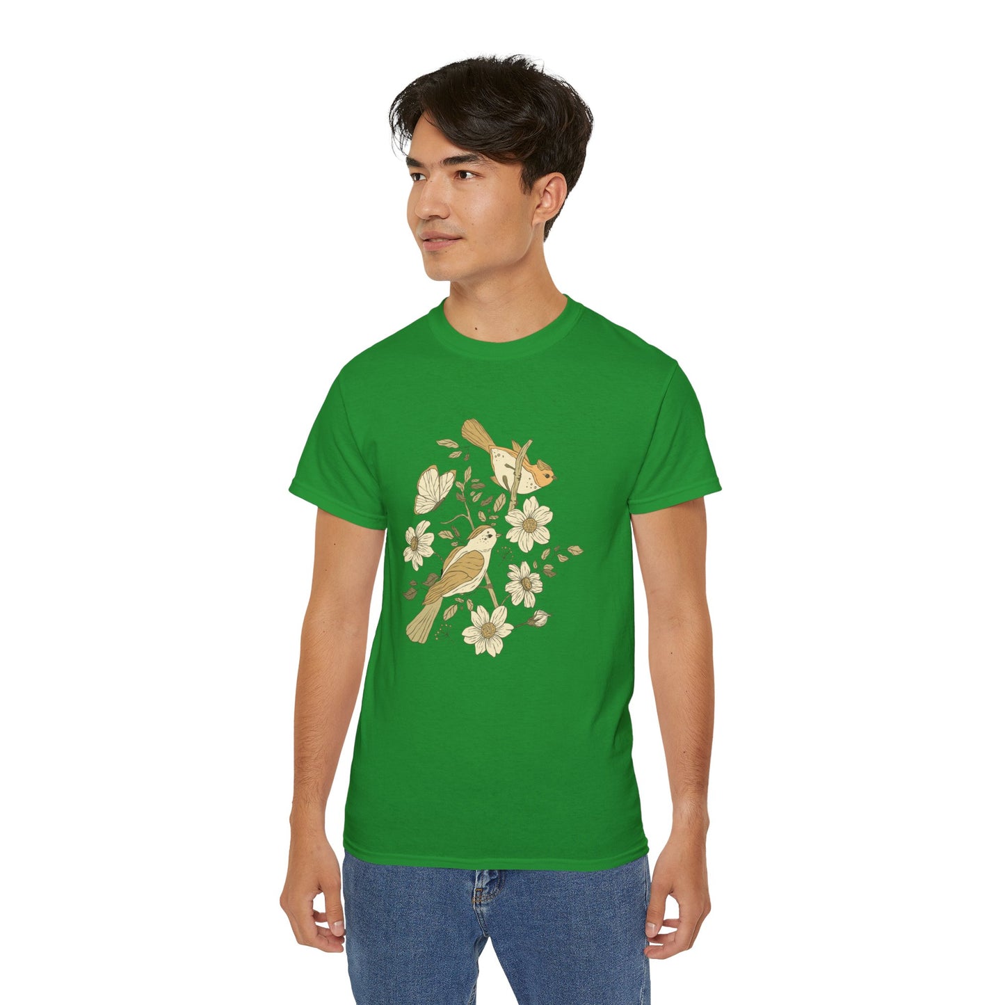 Nature-Inspired Unisex Tee, Floral Bird Print T-Shirt, Gift for Nature Lovers, Spring Fashion, Eco-Friendly Casual Wear