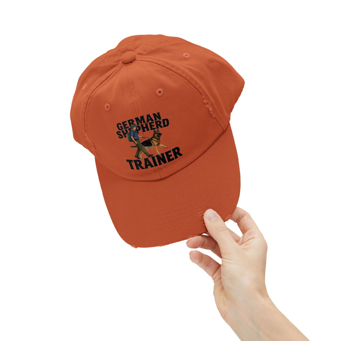 Unisex Distressed Cap Featuring a Trainer Leading German Shepherd, Dog Trainer Gift