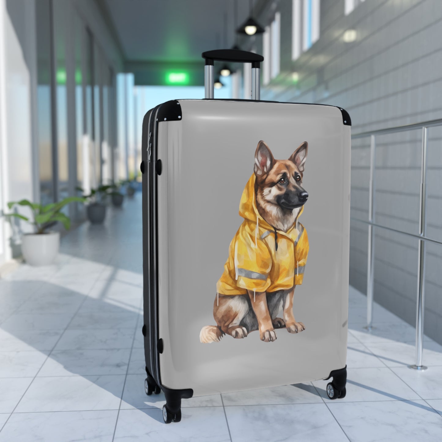 Dog Lovers Suitcase Featuring a German Shepherd Wearing a Yellow Rain Coat