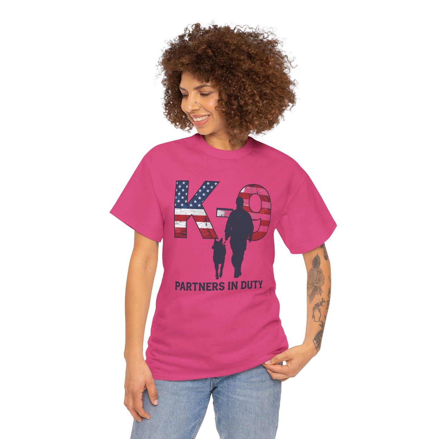 Patriotic K-9 T-Shirt - Partners in Duty Tee | Unisex Heavy Cotton Tee for Dog Lovers, Military Support, Gifts for Dog Handlers
