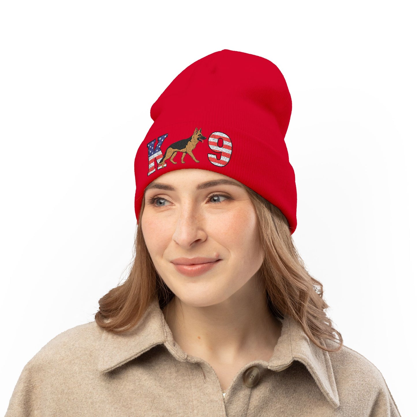 Embroidered K9 American Flag Beanie Featuring a German Shepherd | Patriotic Knit Hat, Memorial Day Cap