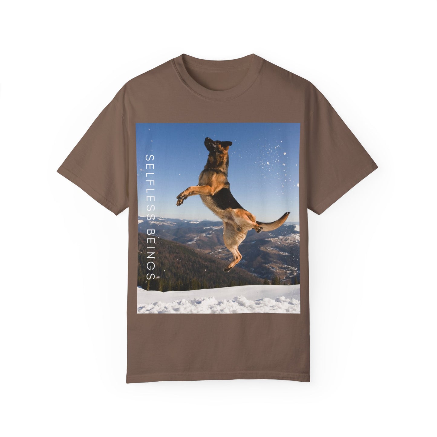 Unisex Dog Lover T-Shirt With a German Shepherd in the Air on Top of Snow Mountain and Caption Selfless Beings