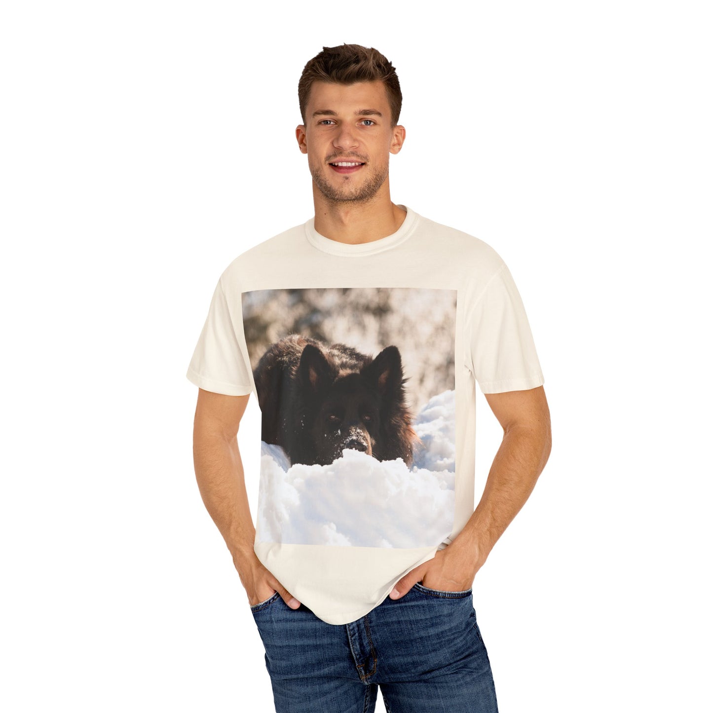 Unisex Dog Lover T-Shirt Featuring a Giant Black German Shepherd Resting on the Snow