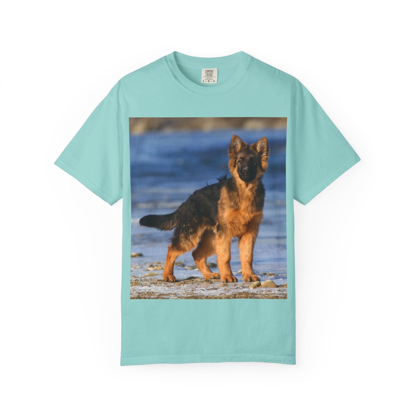 Unisex Dog Lover T-Shirt Featuring Beautiful German Shepherd Puppy Standing at the Sea Shore