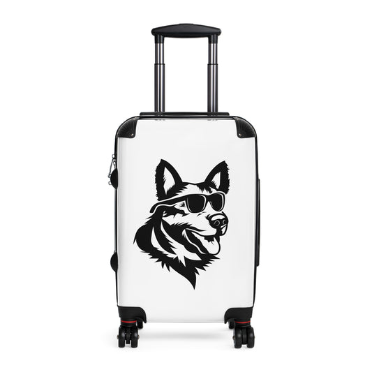 Dog Lovers Suitcase Featuring Graphic of  German Shepherd Wearing Black Glasses