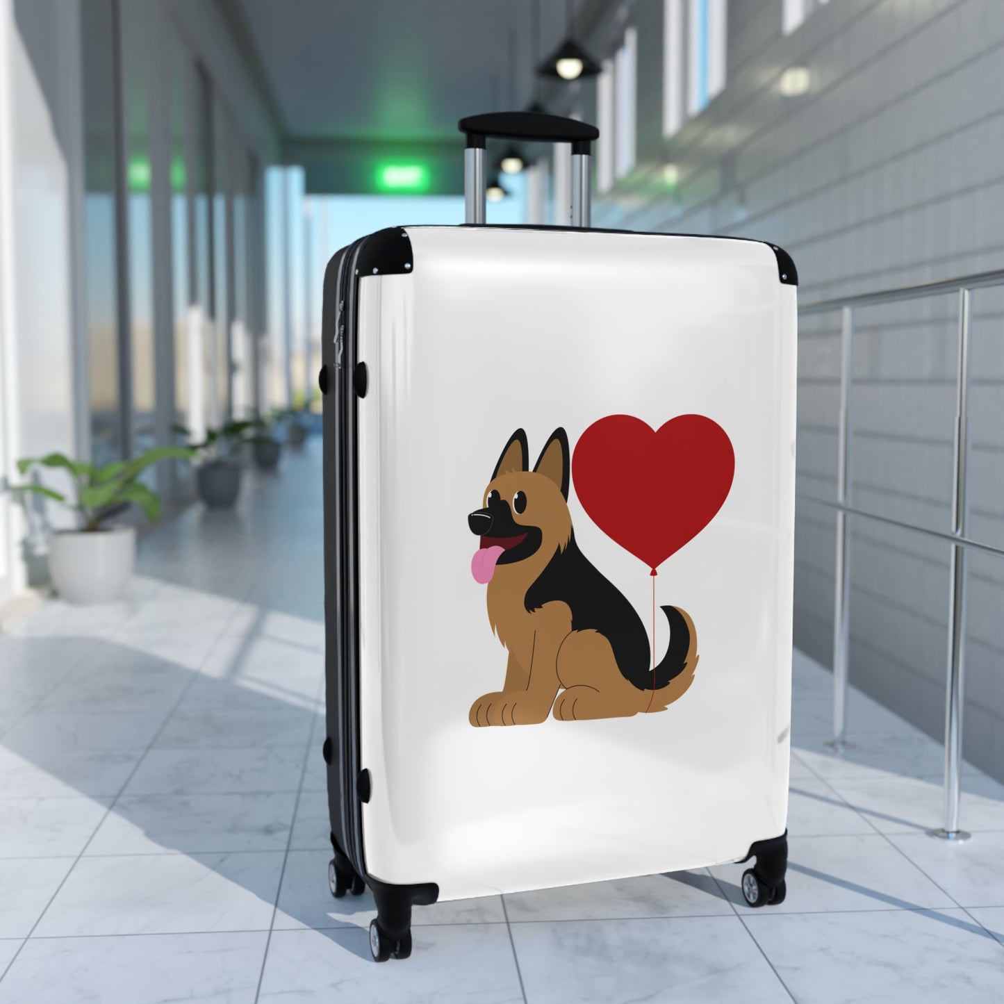 Dog Lover's Suitcase Featuring Graphic of a German Shepherd Puppy and Heart Shaped Balloon Attached to Tail