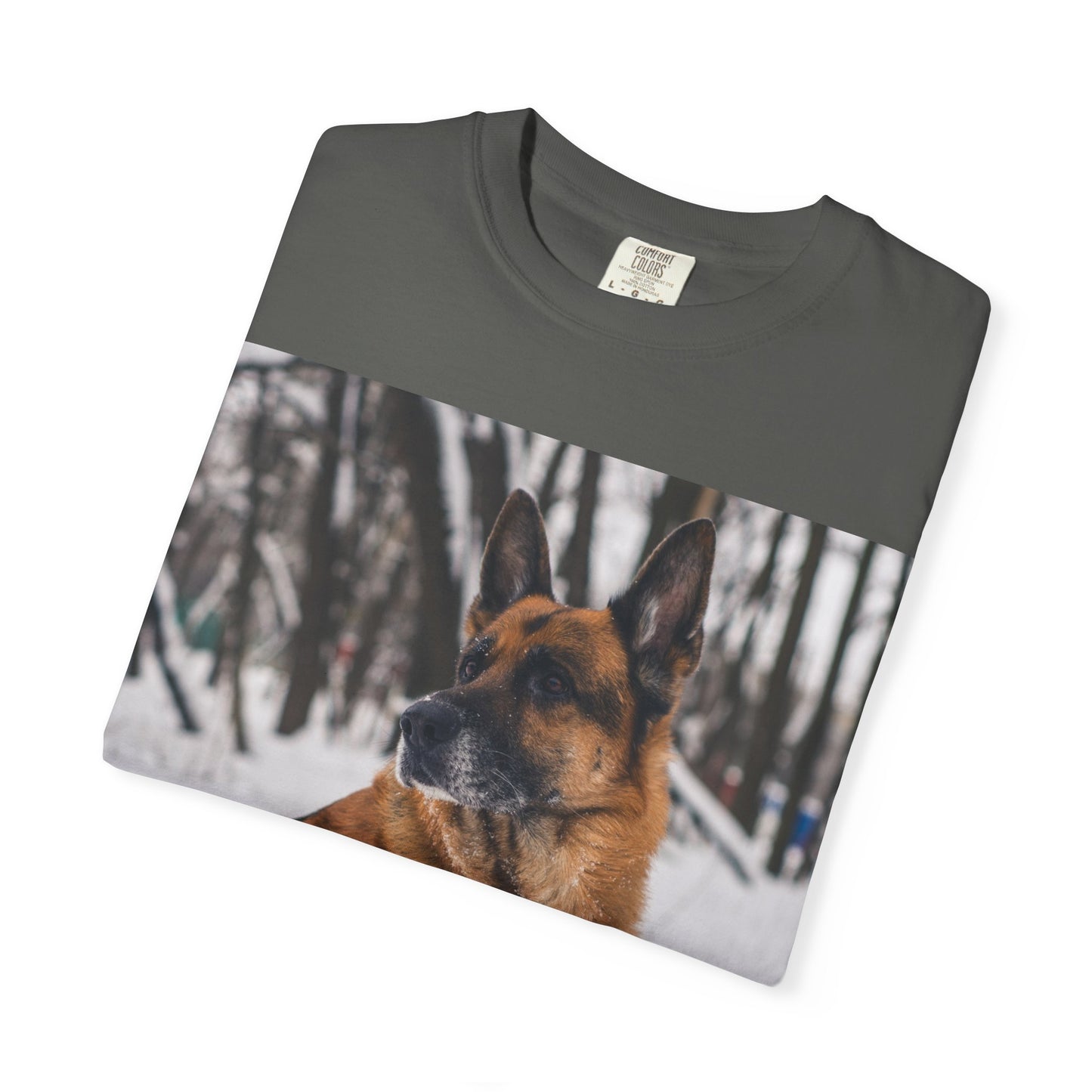 Unisex Dog Lovers T-Shirt Featuring a Beautiful German Shepherd Sloppily Sitting on the Snow
