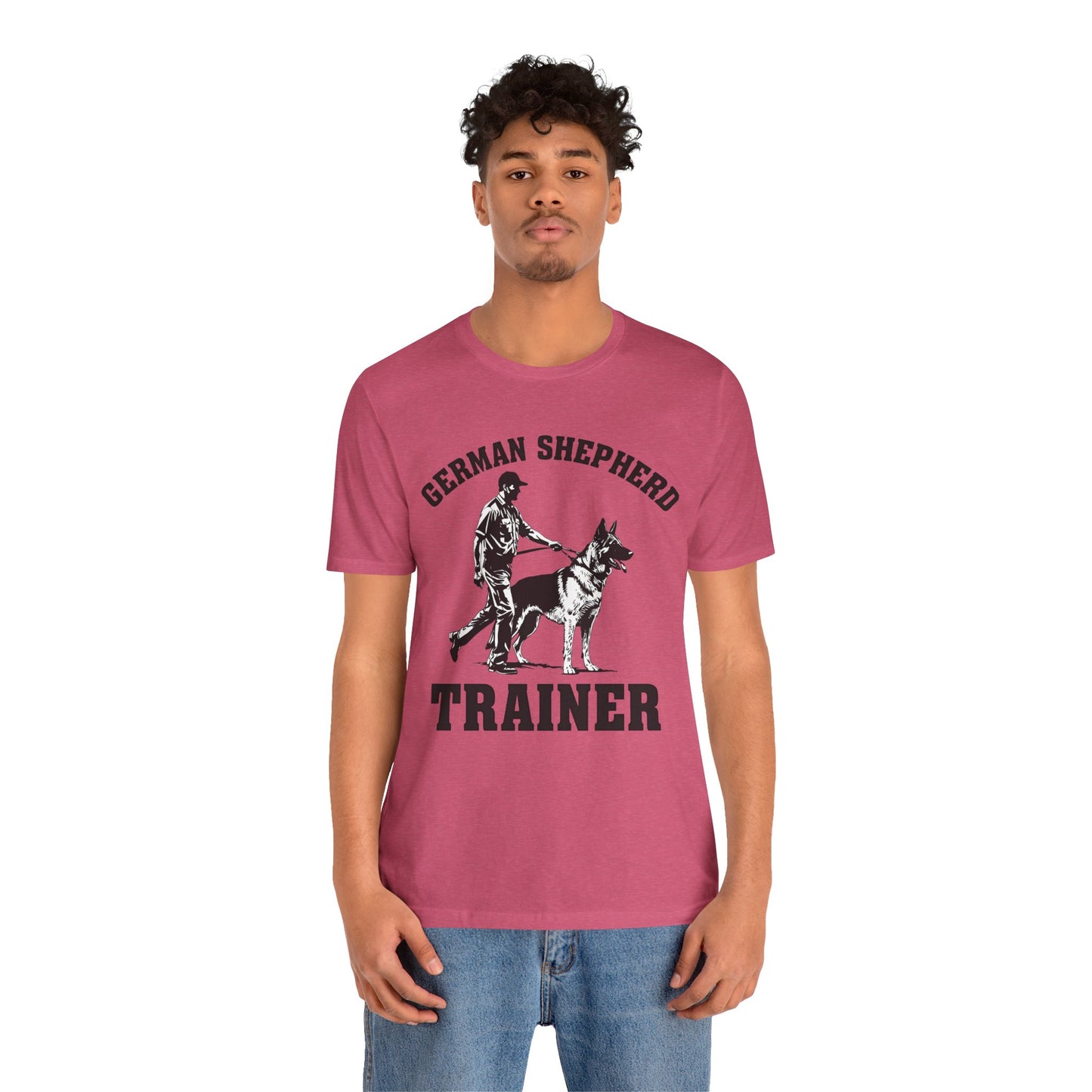 German Shepherd Trainer Tee - Black and White Design of Man Holding a German Shepherd
