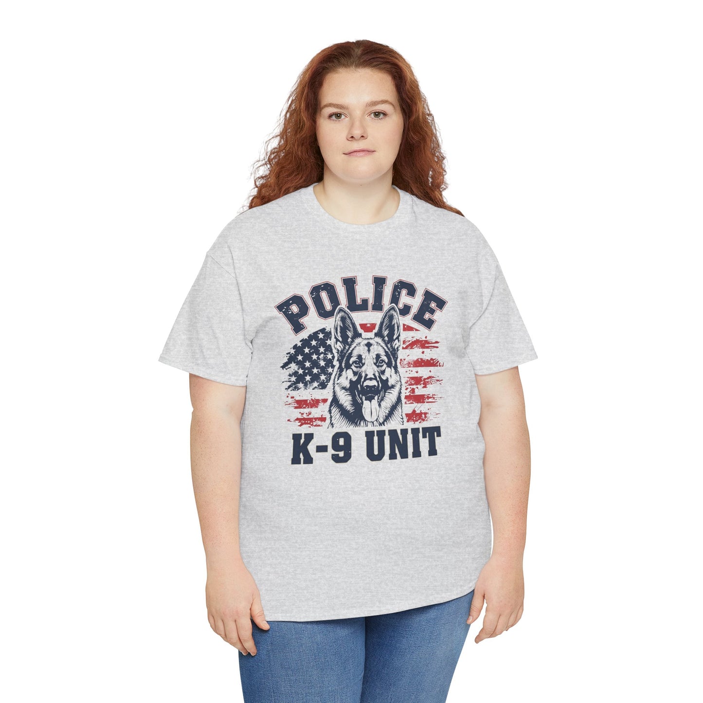 Patriotic Police K-9 Unit T-Shirt With American Flag in Background, Unisex Heavy Cotton Tee
