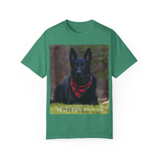 Unisex Dog Lover T-Shirt With a Solid Black German Shepherd Wearing a Red Romal Sitting and Caption Selfless Beings