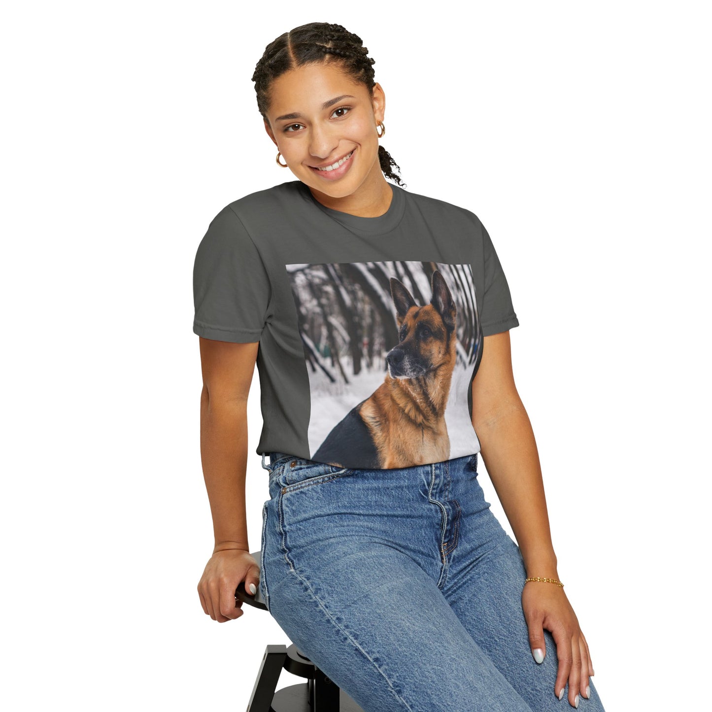 Unisex Dog Lovers T-Shirt Featuring a Beautiful German Shepherd Sloppily Sitting on the Snow