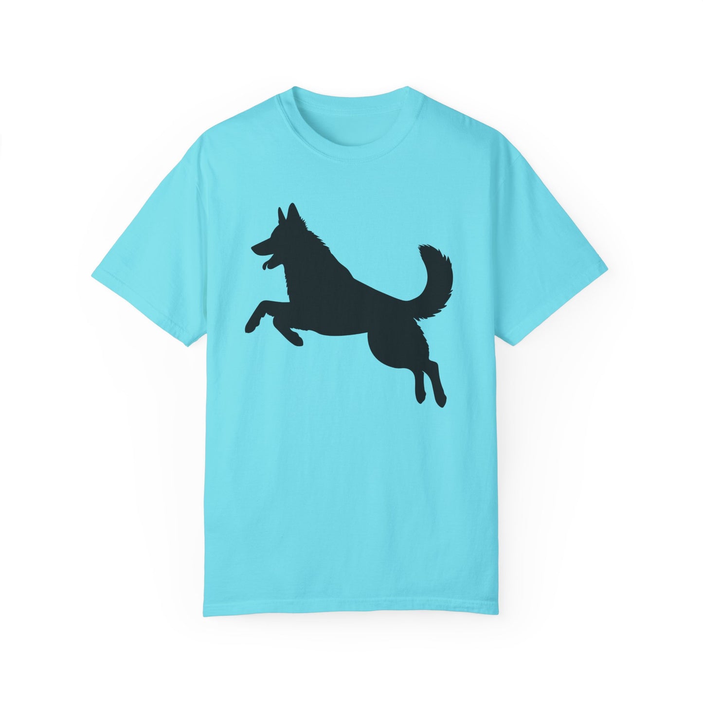 Unisex Dog Lover T-Shirt With a Graphic of Solid Black German Shepherd Jumping in the Air