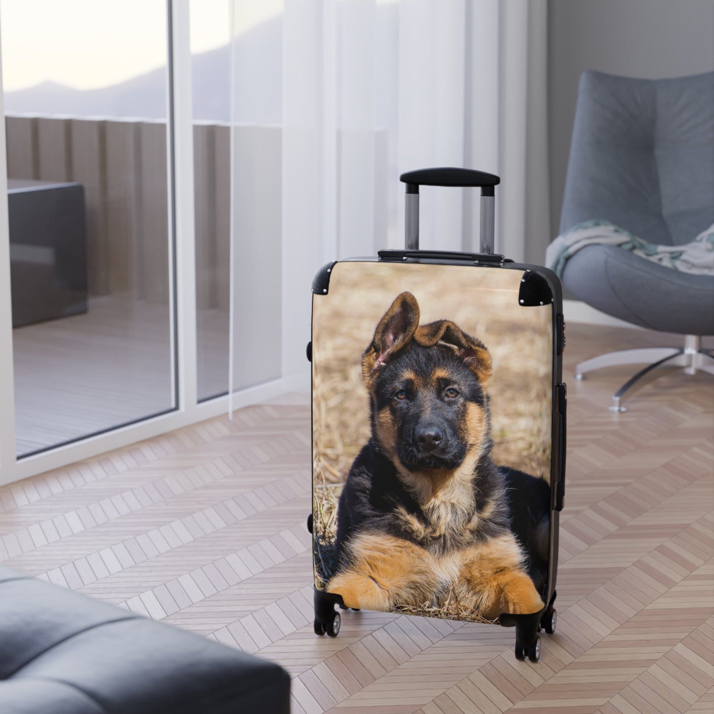 Dog Lovers Suitcase Featuring a Gorgeous German Shepherd Puppy Resting on Dry Grass