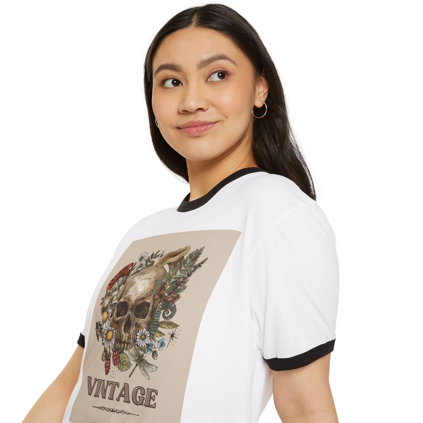 Vintage-Inspired Skull Ringer T-Shirt, Unisex Tee, Boho Style Shirt, Retro Graphic Top, Unique Gift for Halloween, Nature Lovers Apparel