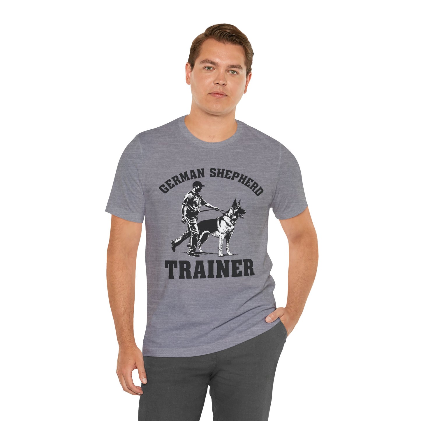 German Shepherd Trainer Tee - Black and White Design of Man Holding a German Shepherd