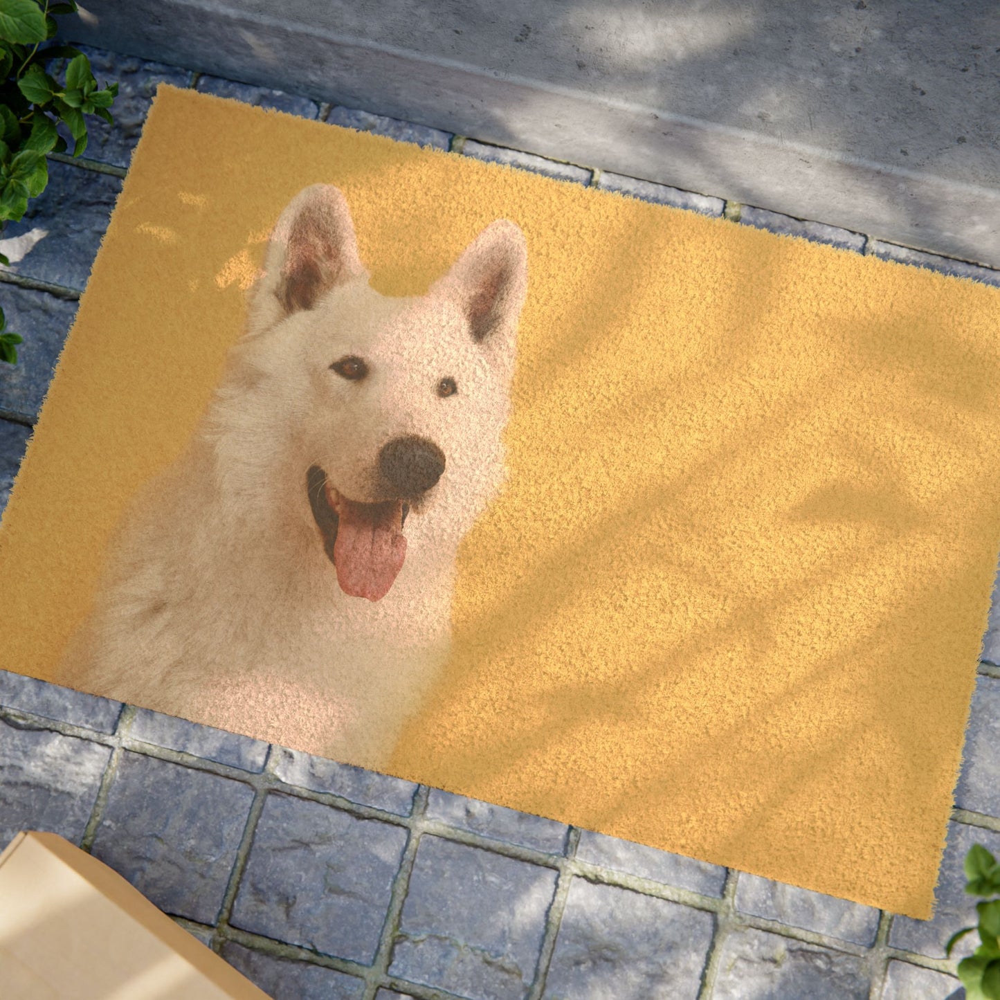 Personalized Dog Face Doormat Featuring a White German Shepherd With a Hanging Tongue