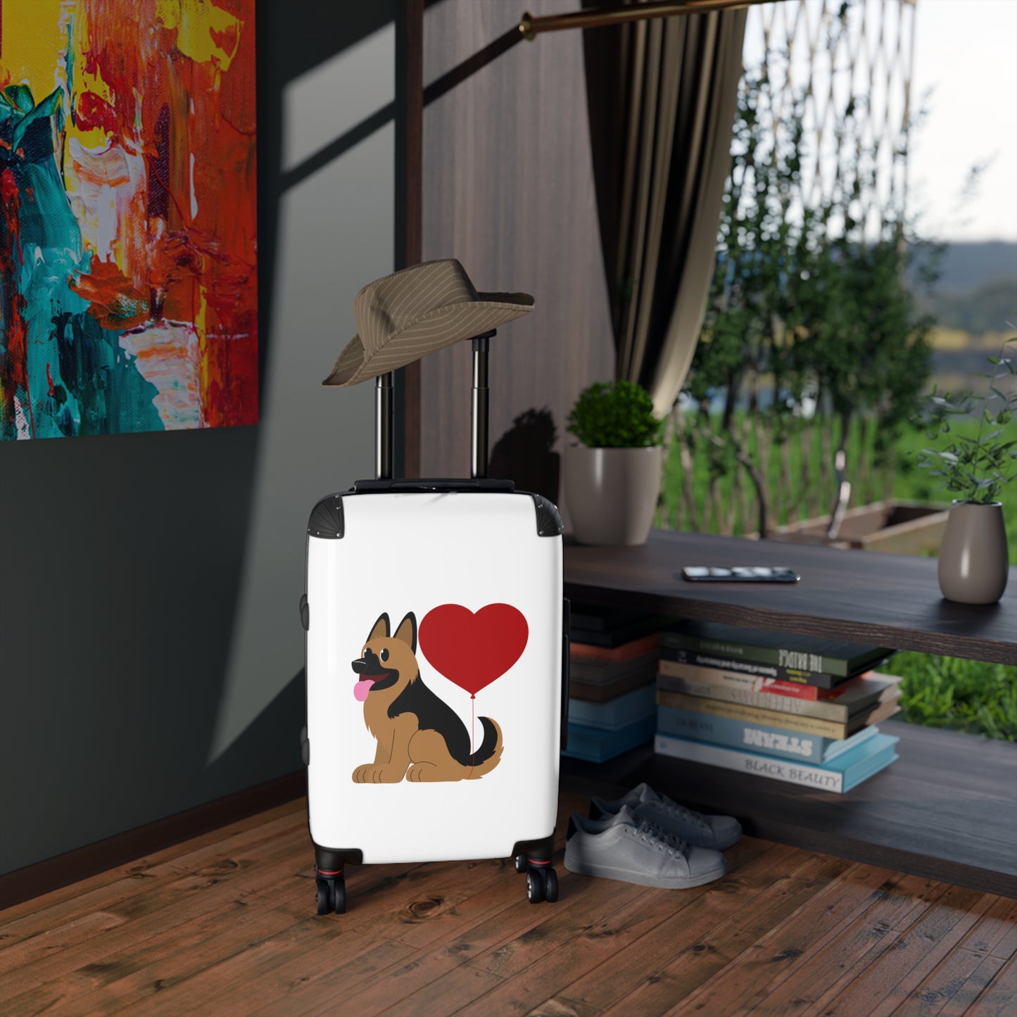 Dog Lover's Suitcase Featuring Graphic of a German Shepherd Puppy and Heart Shaped Balloon Attached to Tail