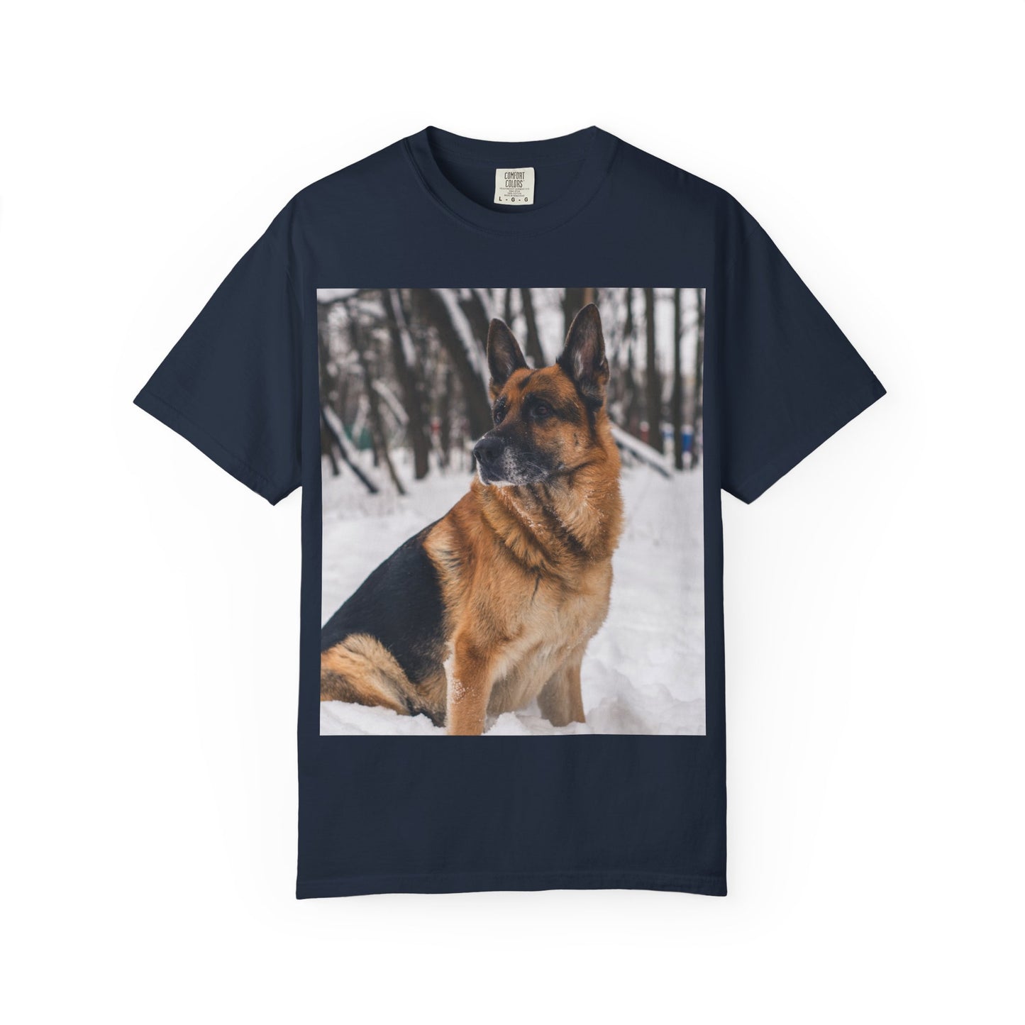 Unisex Dog Lovers T-Shirt Featuring a Beautiful German Shepherd Sloppily Sitting on the Snow