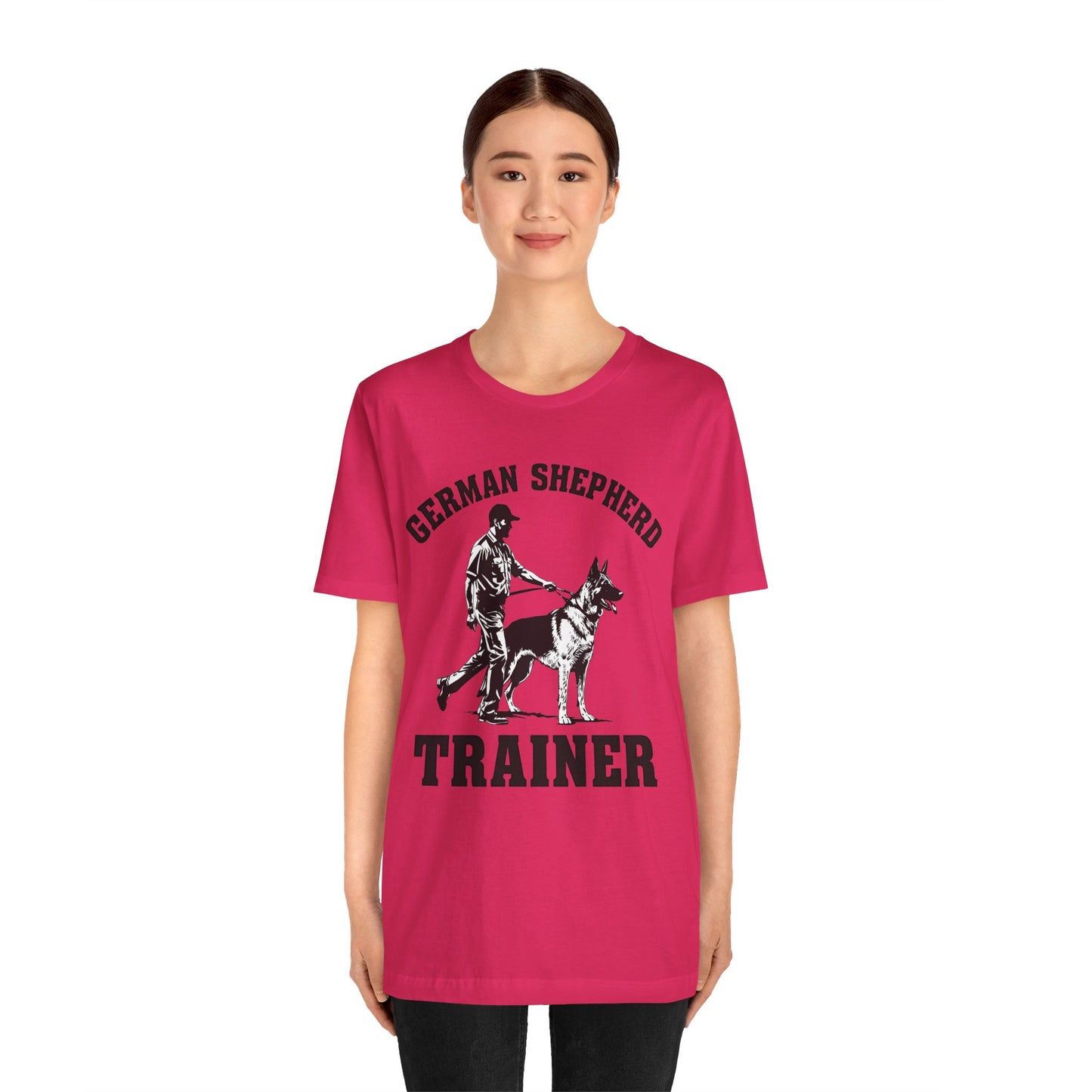 German Shepherd Trainer Tee - Black and White Design of Man Holding a German Shepherd