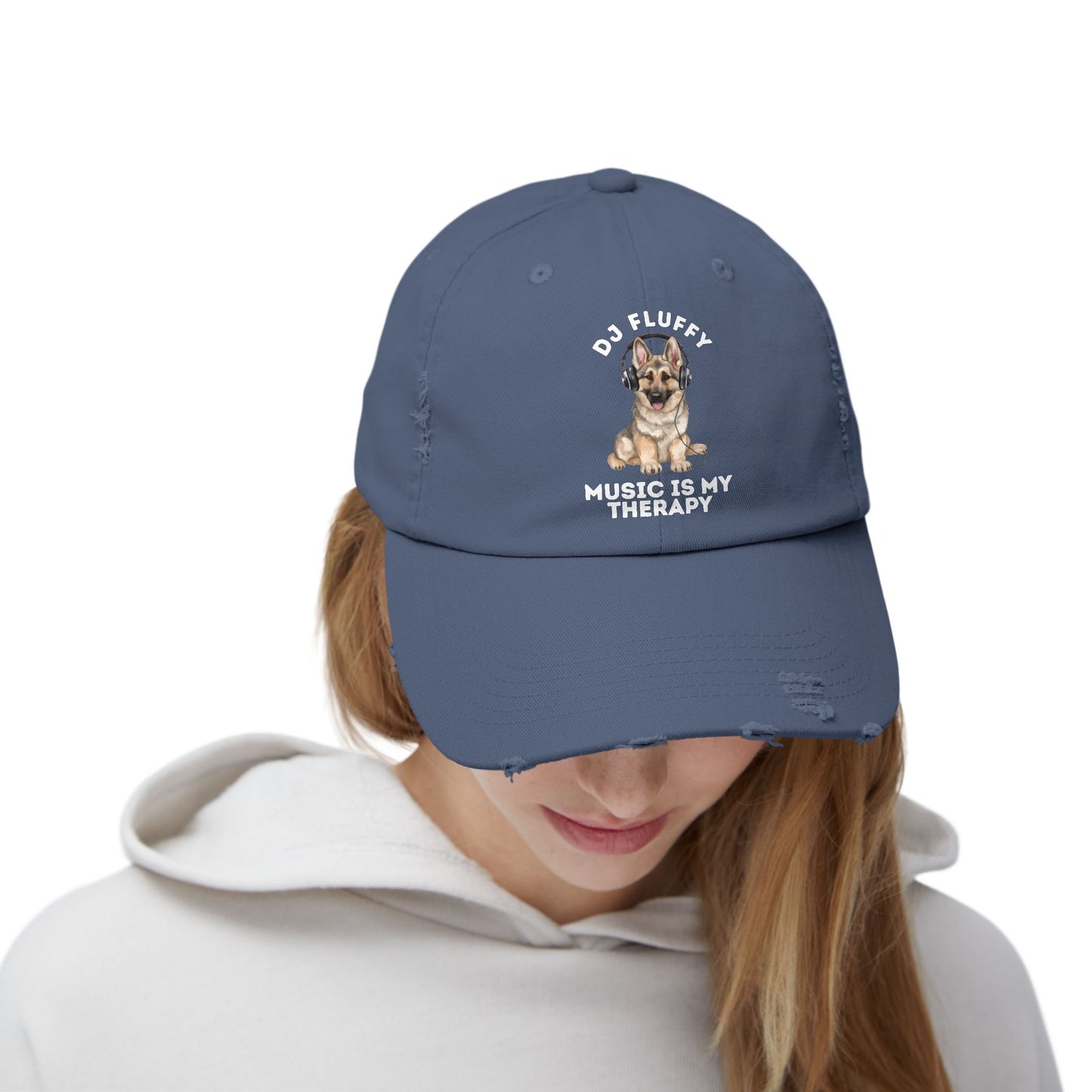 Distressed Dog Cap with German Shepherd Wearing Headphones | Pet Lover Gift | Music is My Therapy
