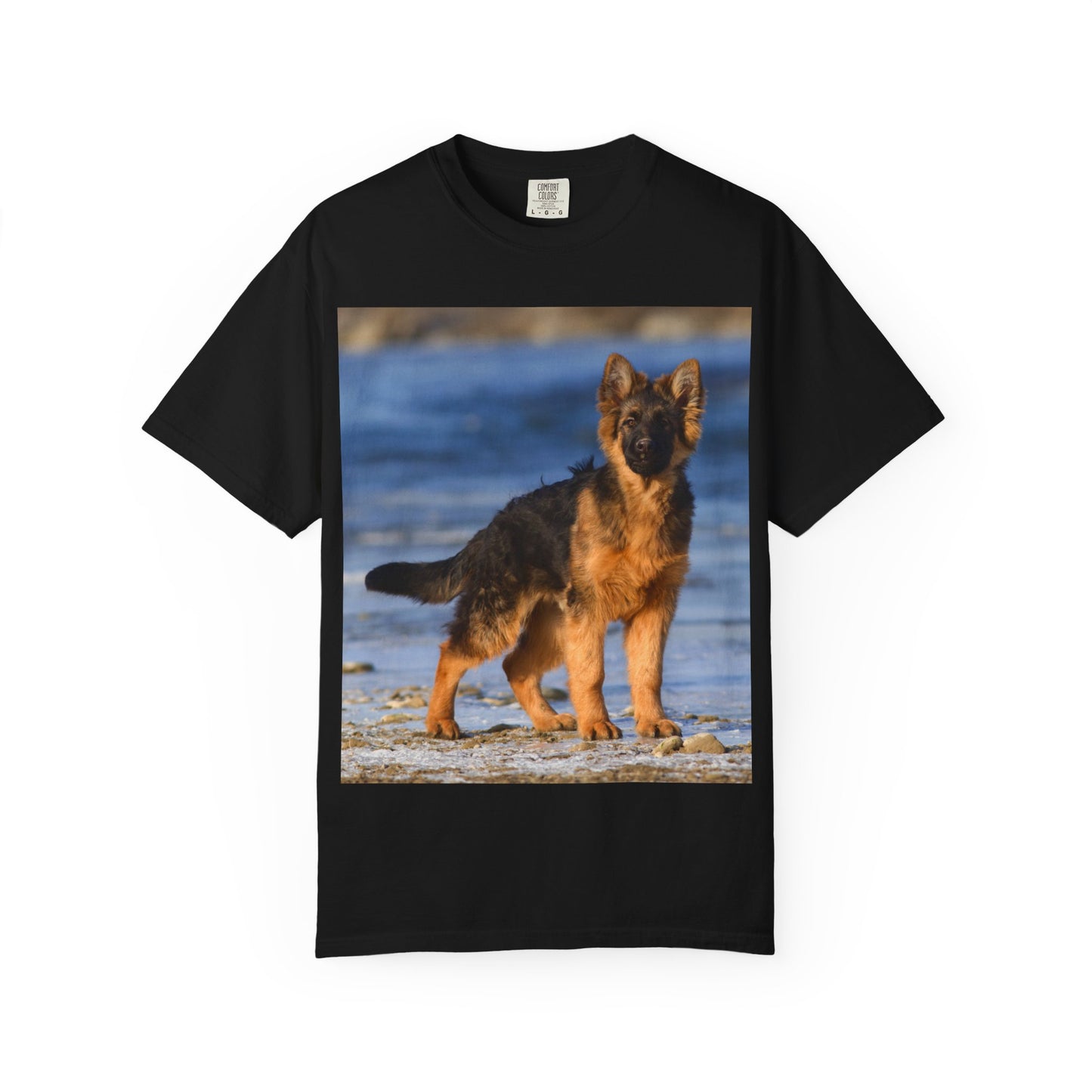 Unisex Dog Lover T-Shirt Featuring Beautiful German Shepherd Puppy Standing at the Sea Shore