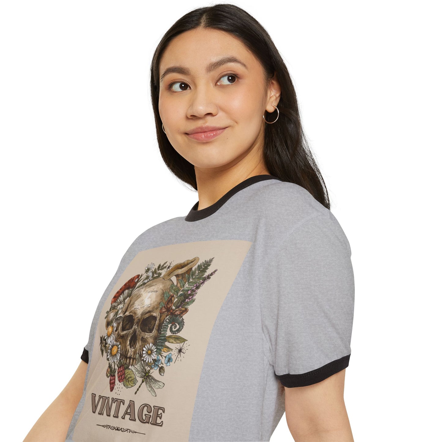Vintage-Inspired Skull Ringer T-Shirt, Unisex Tee, Boho Style Shirt, Retro Graphic Top, Unique Gift for Halloween, Nature Lovers Apparel