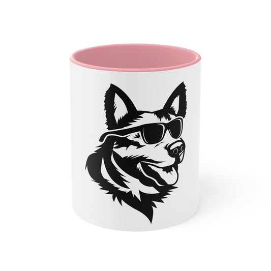 White Ceramic Dog Lover Accent Mug With a Graphic of German Shepherd Wearing Black Glasses