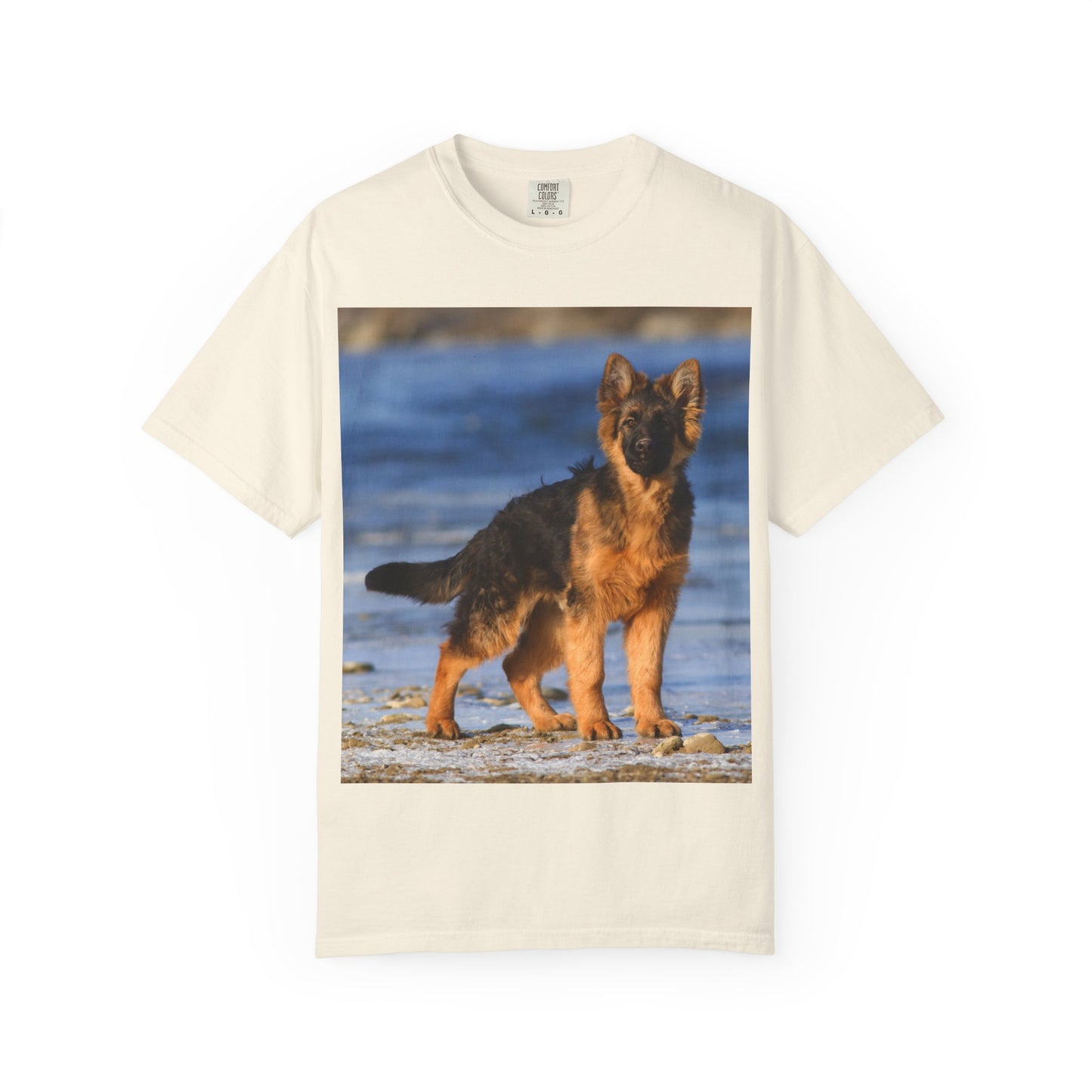 Unisex Dog Lover T-Shirt Featuring Beautiful German Shepherd Puppy Standing at the Sea Shore