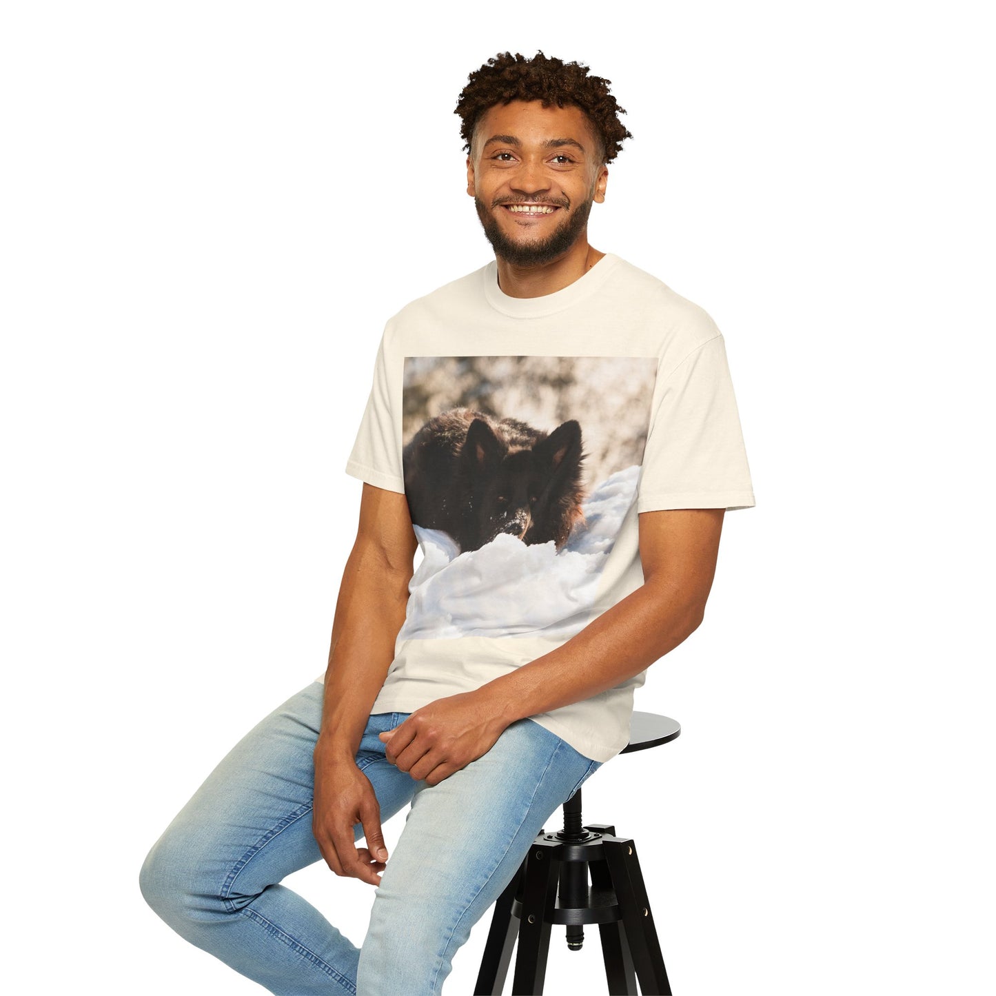Unisex Dog Lover T-Shirt Featuring a Giant Black German Shepherd Resting on the Snow
