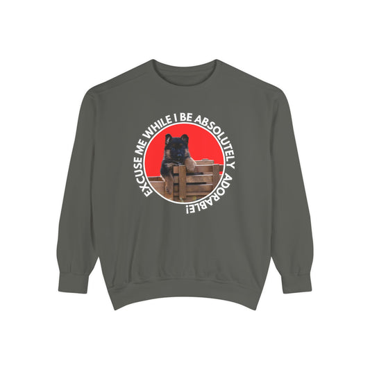 Unisex Dog Lover Sweatshirt With German Shepherd Puppy Sitting on the Toy Wooden Tractor and Caption Excuse Me While I Be Absolutely Adorable