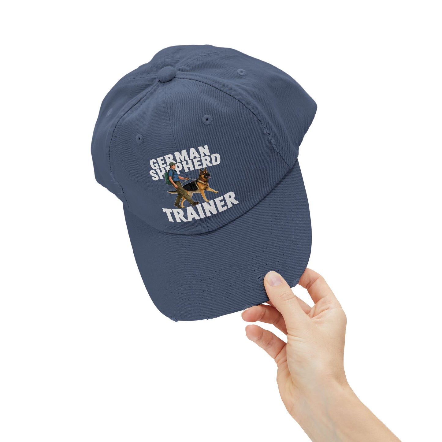 Unisex Distressed Cap Featuring a Trainer Leading German Shepherd, Dog Trainer Gift