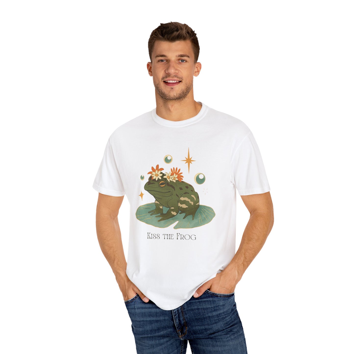 Kiss the Frog T-Shirt, Garment-Dyed Unisex Tee, Fun Gift for Nature Lovers, Cute Frog Graphic T-Shirt, Ideal for Casual Outings