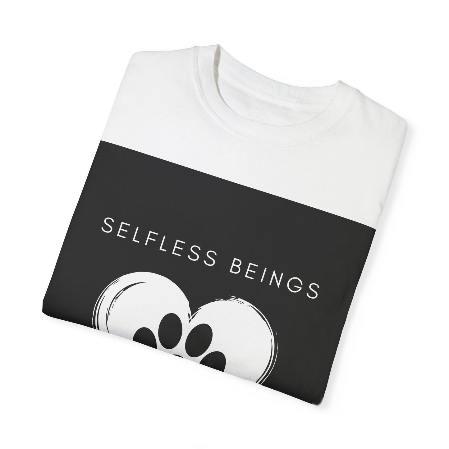 Unisex Dog Lover T-Shirt With Black Paw Print of a Dog Inside a White Heart and Caption Selfless Beings