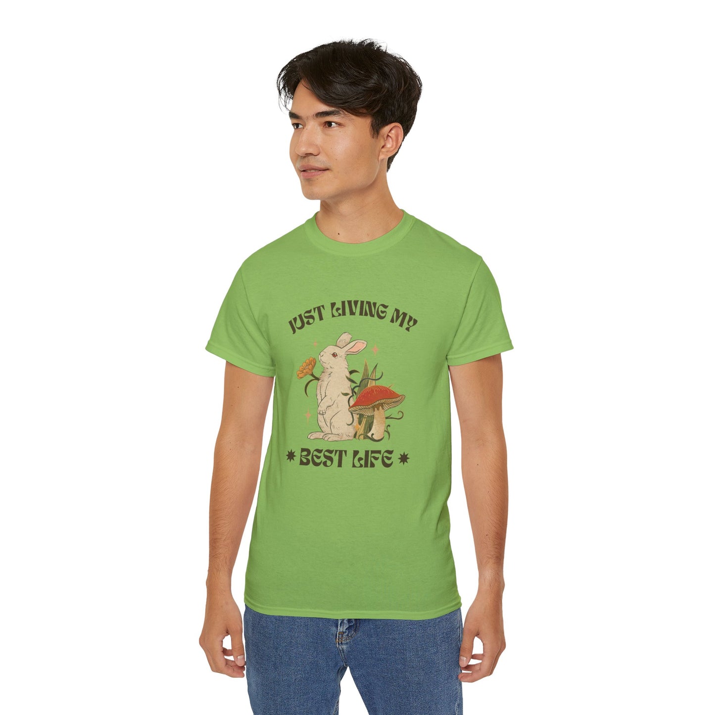 Unisex Ultra Cotton Tee - Just Living My Best Life Bunny Design, Cute Rabbit Shirt, Gift for Animal Lovers, Spring Fashion
