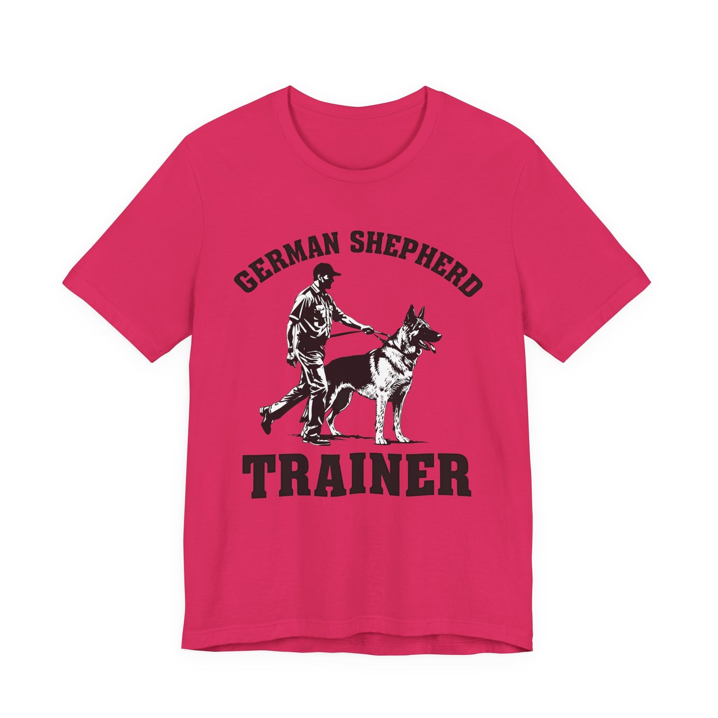 German Shepherd Trainer Tee - Black and White Design of Man Holding a German Shepherd