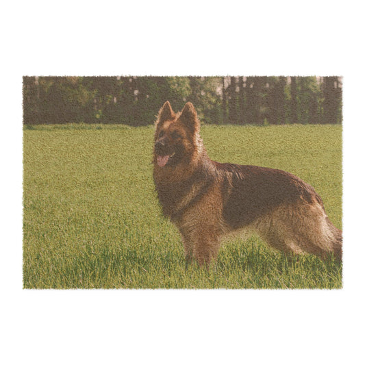 Personalized Dog Doormat Featuring a Giant German Shepherd Standing on a Green Field