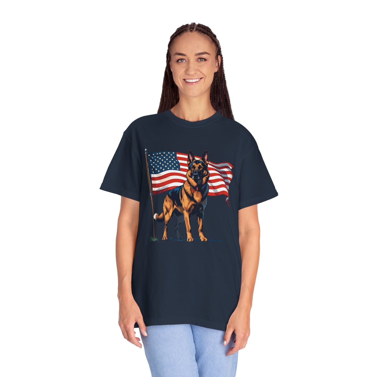 Patriotic German Shepherd Dog T-Shirt, Unisex Garment-Dyed Tee, Dog Lover Gift, US Independence Day Apparel, Casual Wear for Pet Lovers