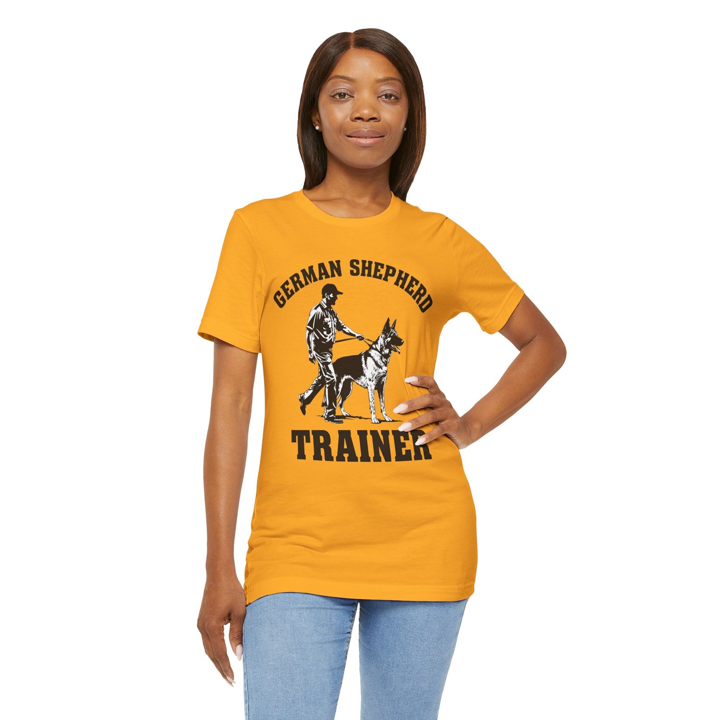 German Shepherd Trainer Tee - Black and White Design of Man Holding a German Shepherd