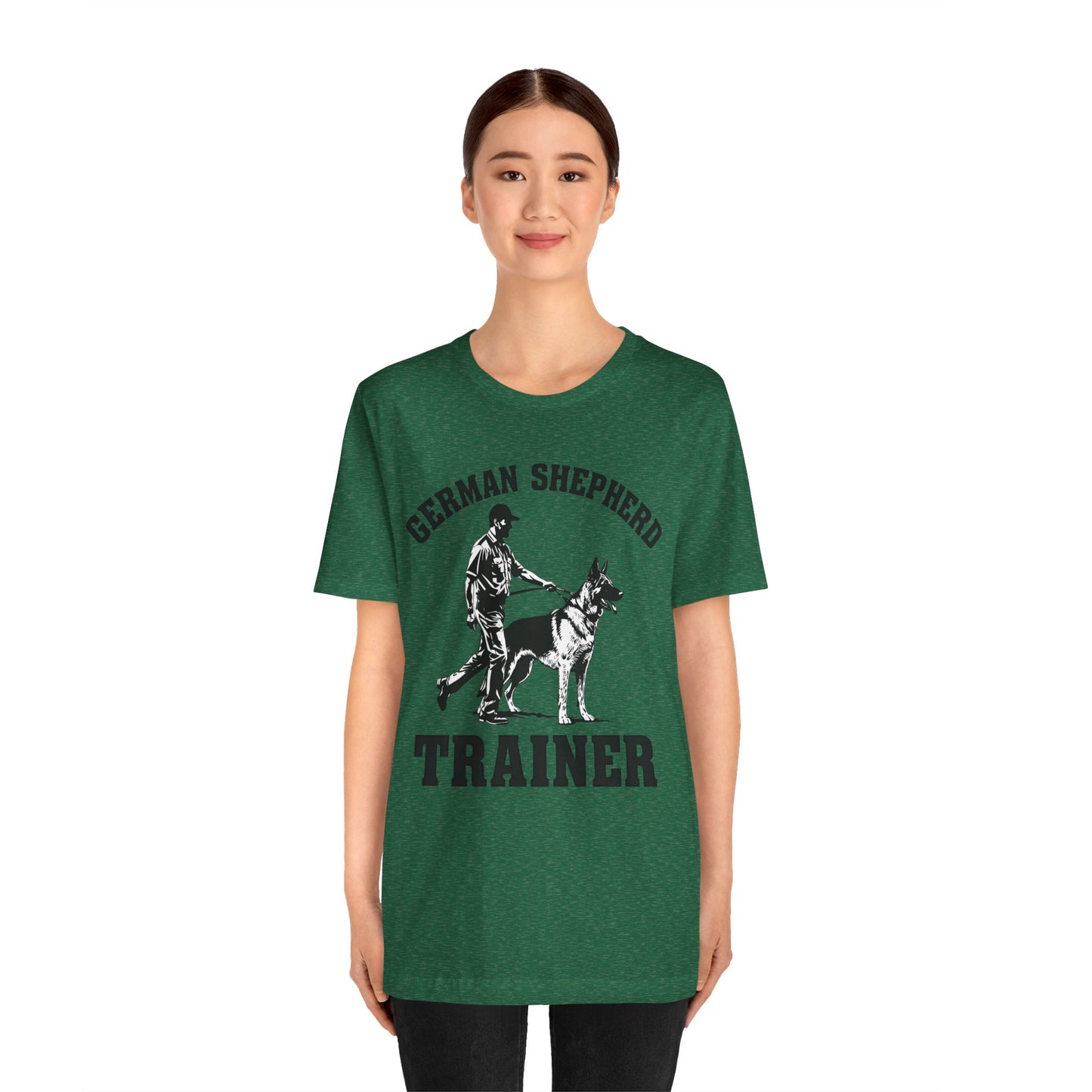 German Shepherd Trainer Tee - Black and White Design of Man Holding a German Shepherd