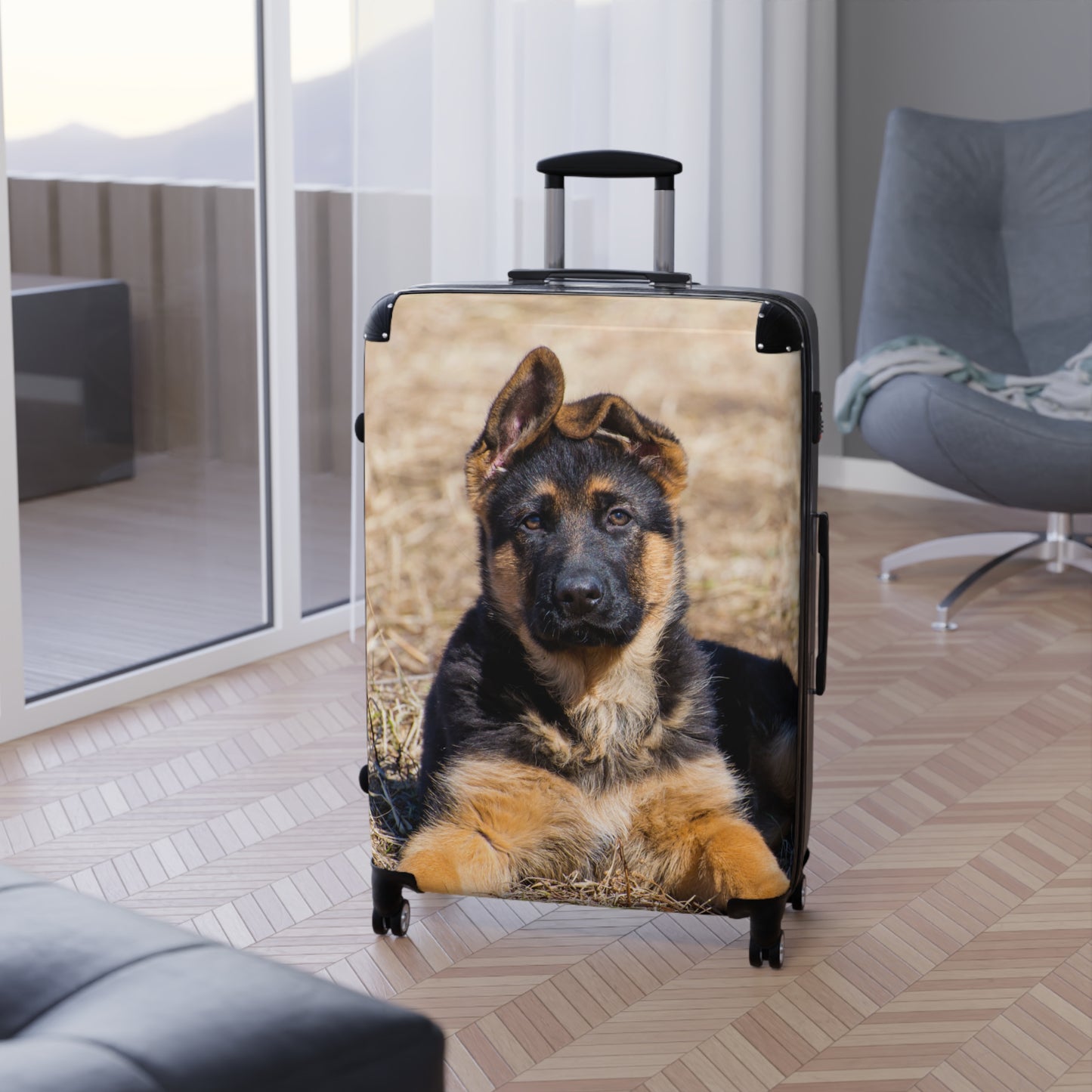 Dog Lovers Suitcase Featuring a Gorgeous German Shepherd Puppy Resting on Dry Grass