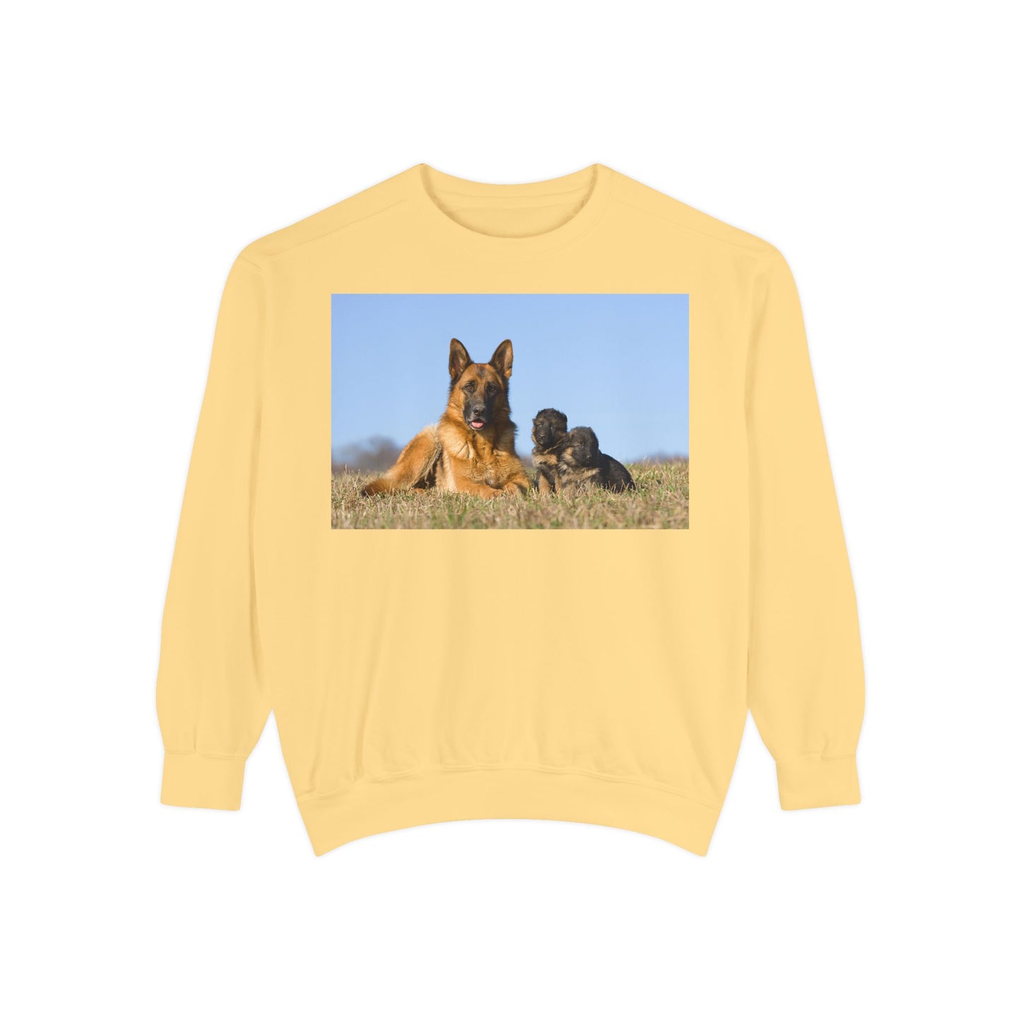 Unisex Dog Lover Sweatshirt With a German Shepherd Lying on the Grass With Two Puppies