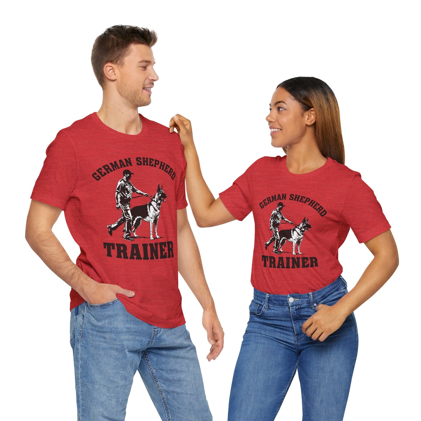 German Shepherd Trainer Tee - Black and White Design of Man Holding a German Shepherd