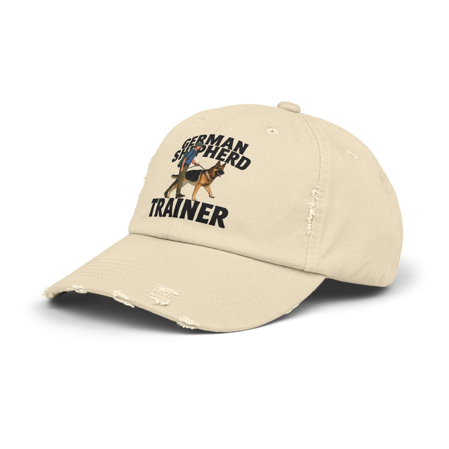 Unisex Distressed Cap Featuring a Trainer Leading German Shepherd, Dog Trainer Gift