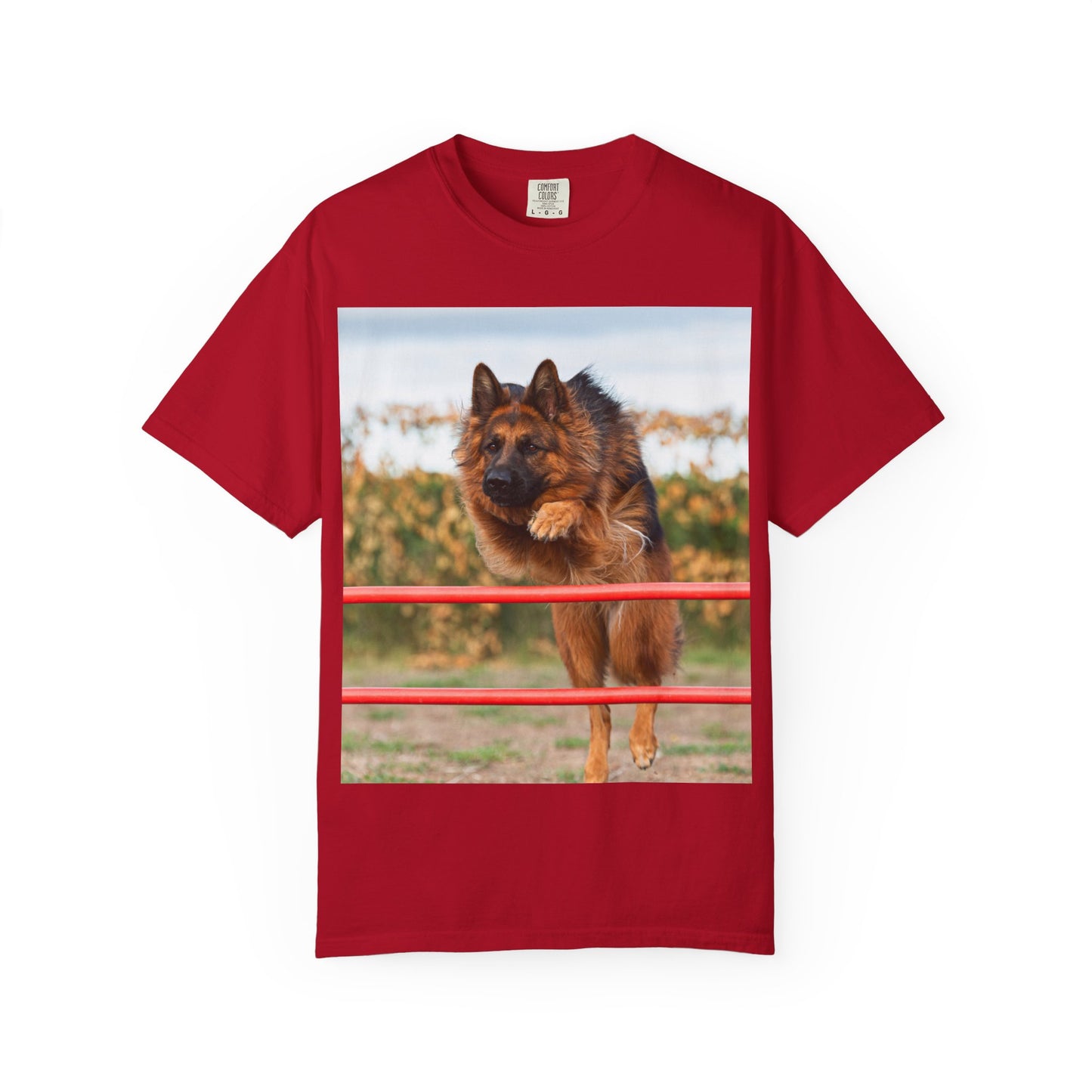 Dog Lover Unisex T-Shirt  Featuring Photograph of Showline German Shepherd Jumping Agility Fence